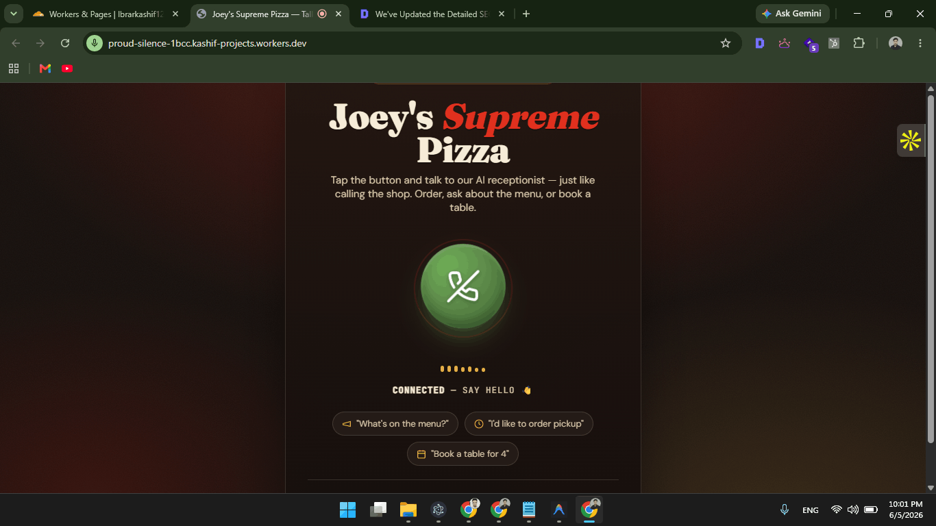 Joey's Supreme Pizza AI voice receptionist live on the website, connected and ready to take orders